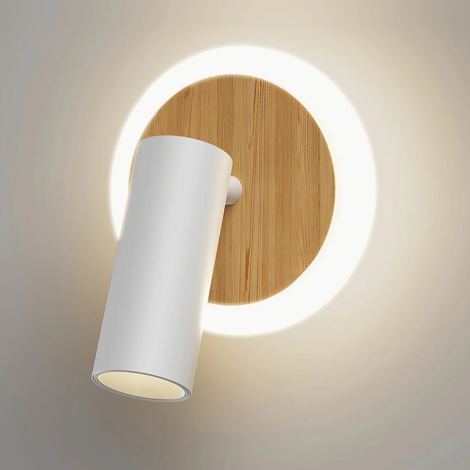 Ramen LED Wall Sconce adjustable head detail - Side angle showing rotating lamp mechanism and warm diffused LED ring light