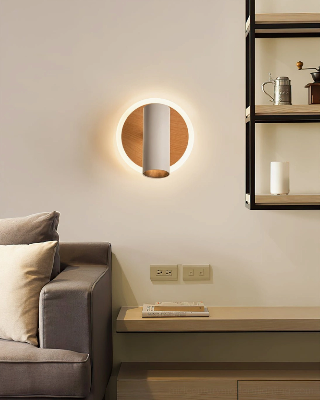 Ramen Wall Sconce contemporary living room - Modern LED wall lamp above console table with minimalist shelf styling