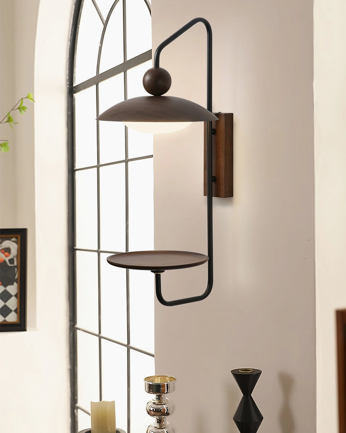 Rancho wall lamp industrial style with decorative tray, three-quarter side view in interior setting