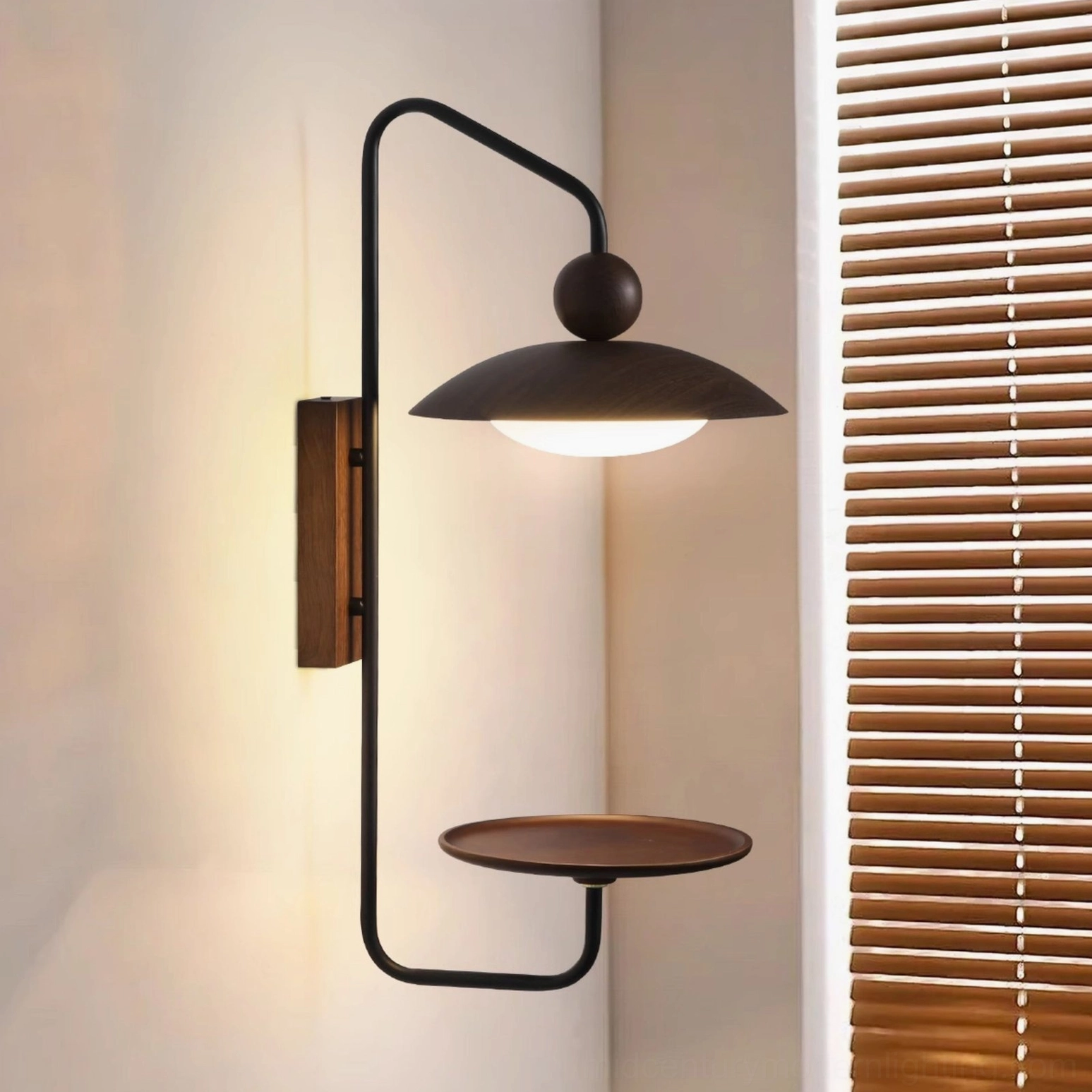 Rancho mid-century wall sconce with natural wood grain base and warm ambient lighting, three-quarter view