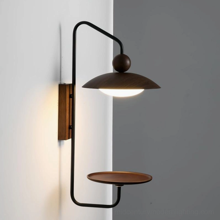 Rancho wall-mounted lamp with integrated LED and wooden shelf, three-quarter side angle showing curved dome shade