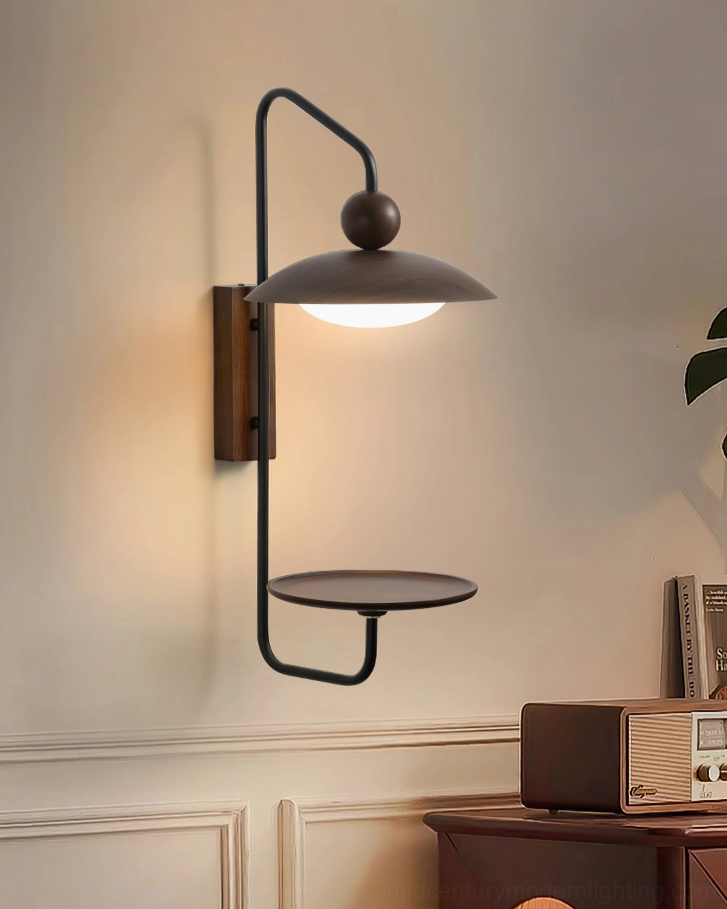 Rancho mid-century modern wall sconce with functional shelf in vintage living room with wainscot trim