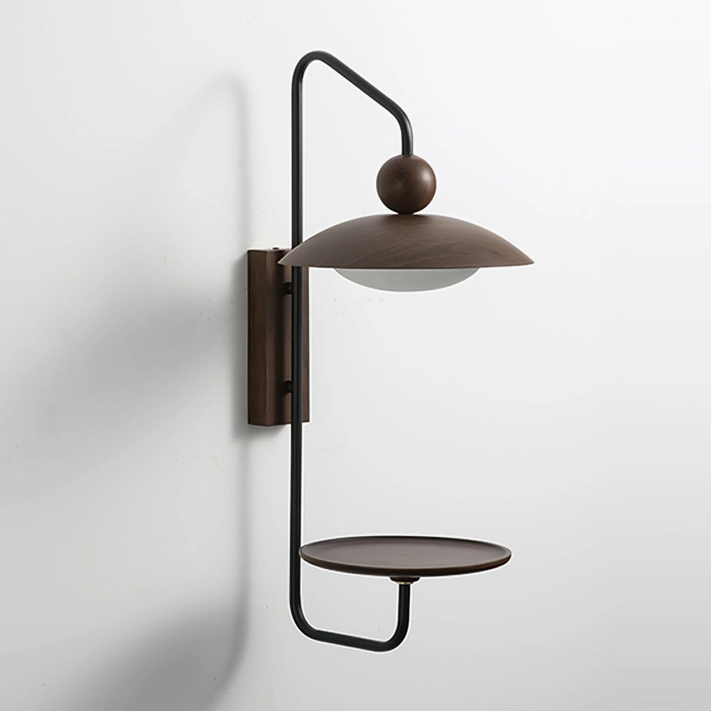 Rancho modern wall light with round wooden tray and matte black frame, direct front angle on white background