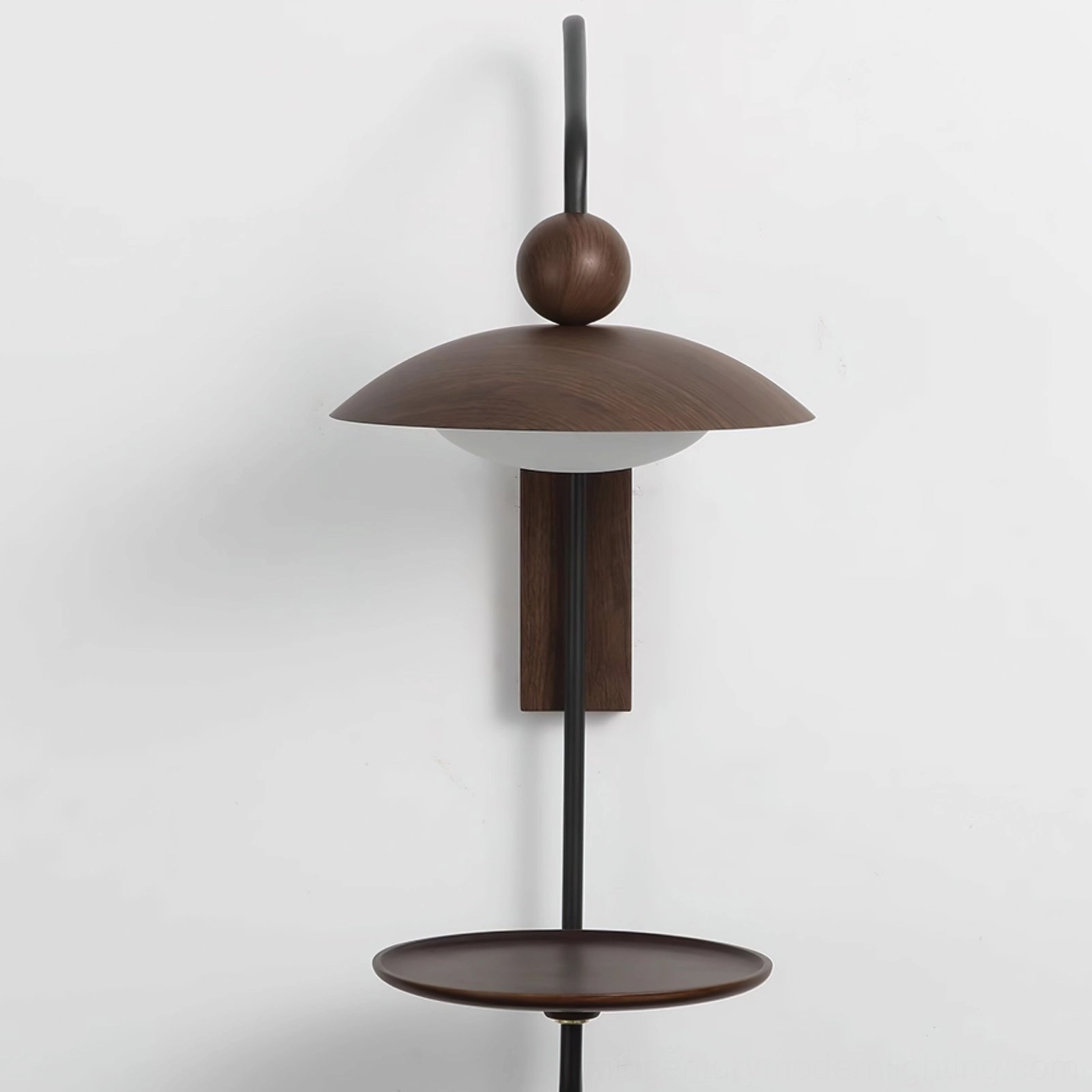 Rancho wall-mounted light fixture with storage shelf, walnut and black finish option detail view