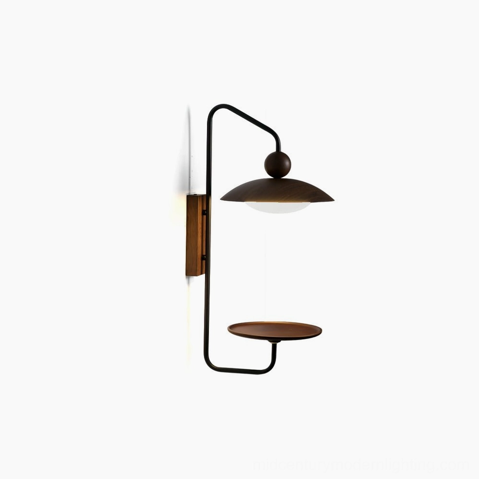 Rancho mid-century wall sconce with black metal frame and walnut storage tray, front studio view