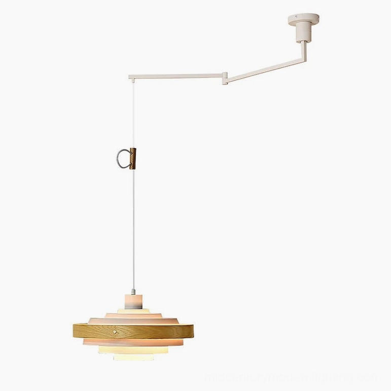 Rancho swing arm pendant light wood color and white finish variant close detail
