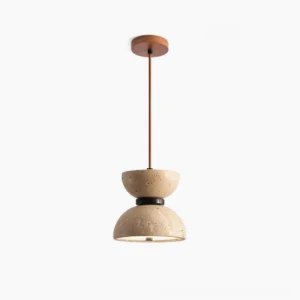 Randolf travertine pendant lamp with black metal frame, full front hanging view showing natural stone porous texture in studio lighting