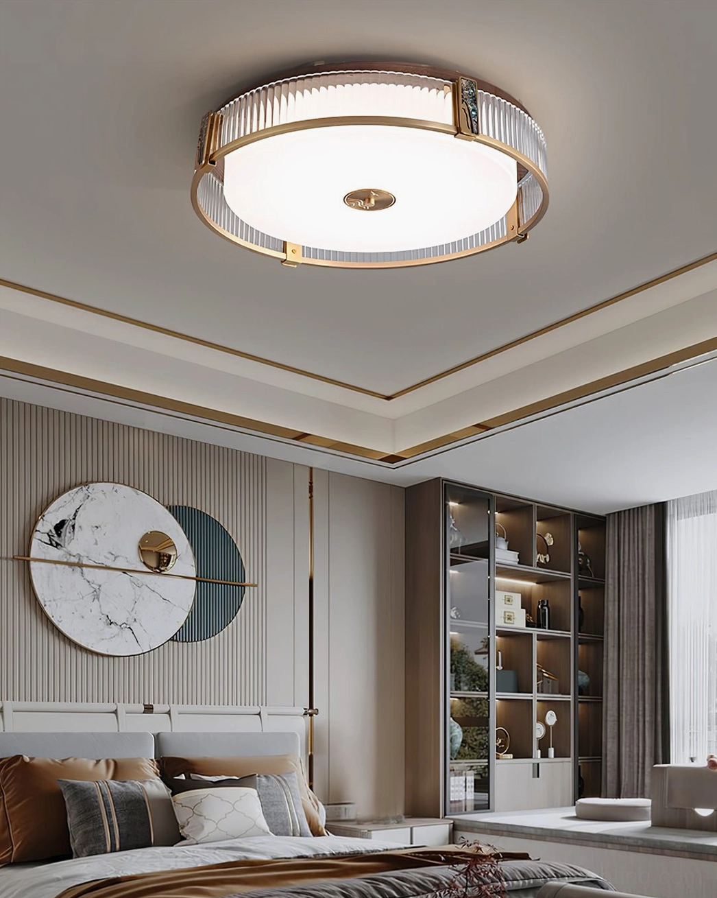 Randolph modern ceiling lamp in luxury bedroom with circular wall decor and warm lighting