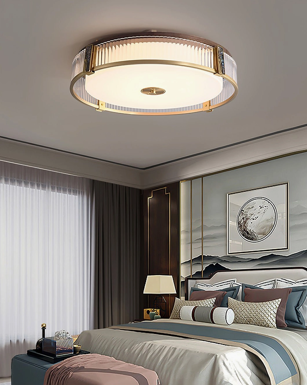 Randolph mid-century ceiling light in master bedroom with oriental landscape wall art