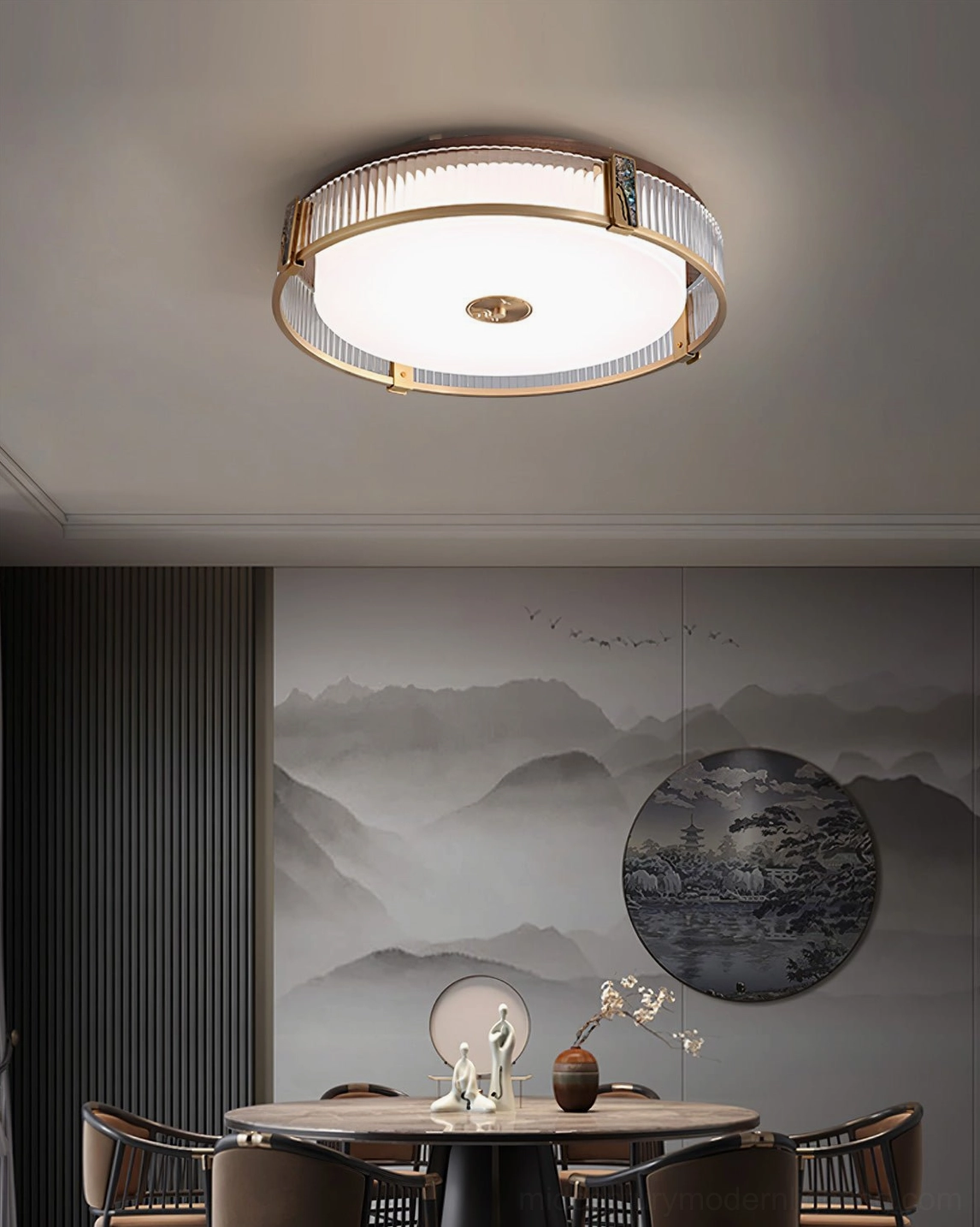 Randolph modern brass ceiling fixture in bedroom interior design setting