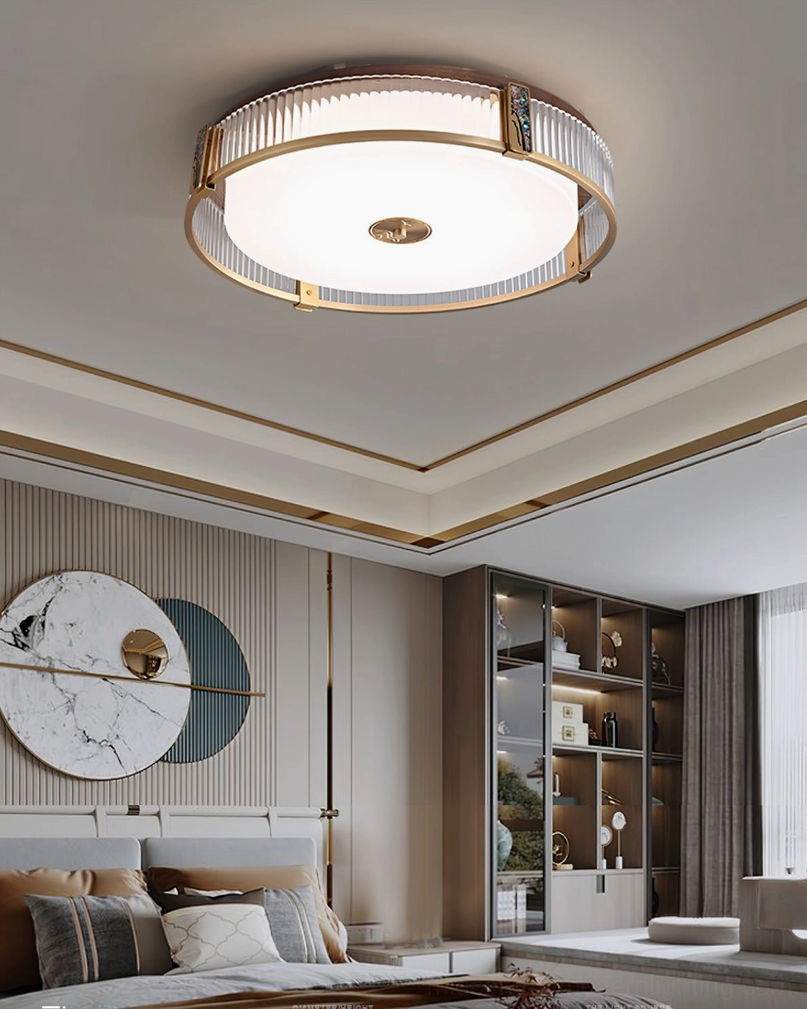 Randolph mid-century modern ceiling fixture in bedroom with oriental wall art and furnishings