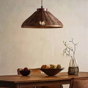 Rasa rattan pendant light above wooden dining table warm ambient lighting interior