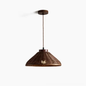 Rasa handwoven rattan dome pendant light front view studio display natural wicker shade