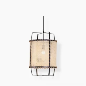 Handwoven rattan cane pendant lamp with natural bamboo weaving and black metal frame, front view on white background
