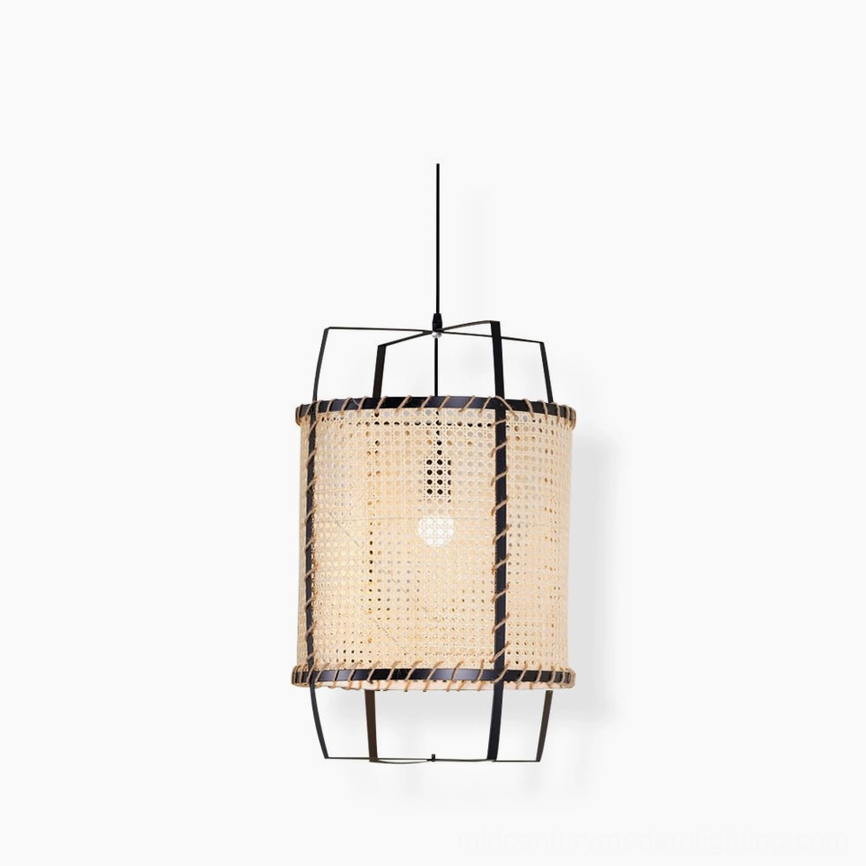 Handwoven rattan cane pendant lamp with natural bamboo weaving and black metal frame, front view on white background