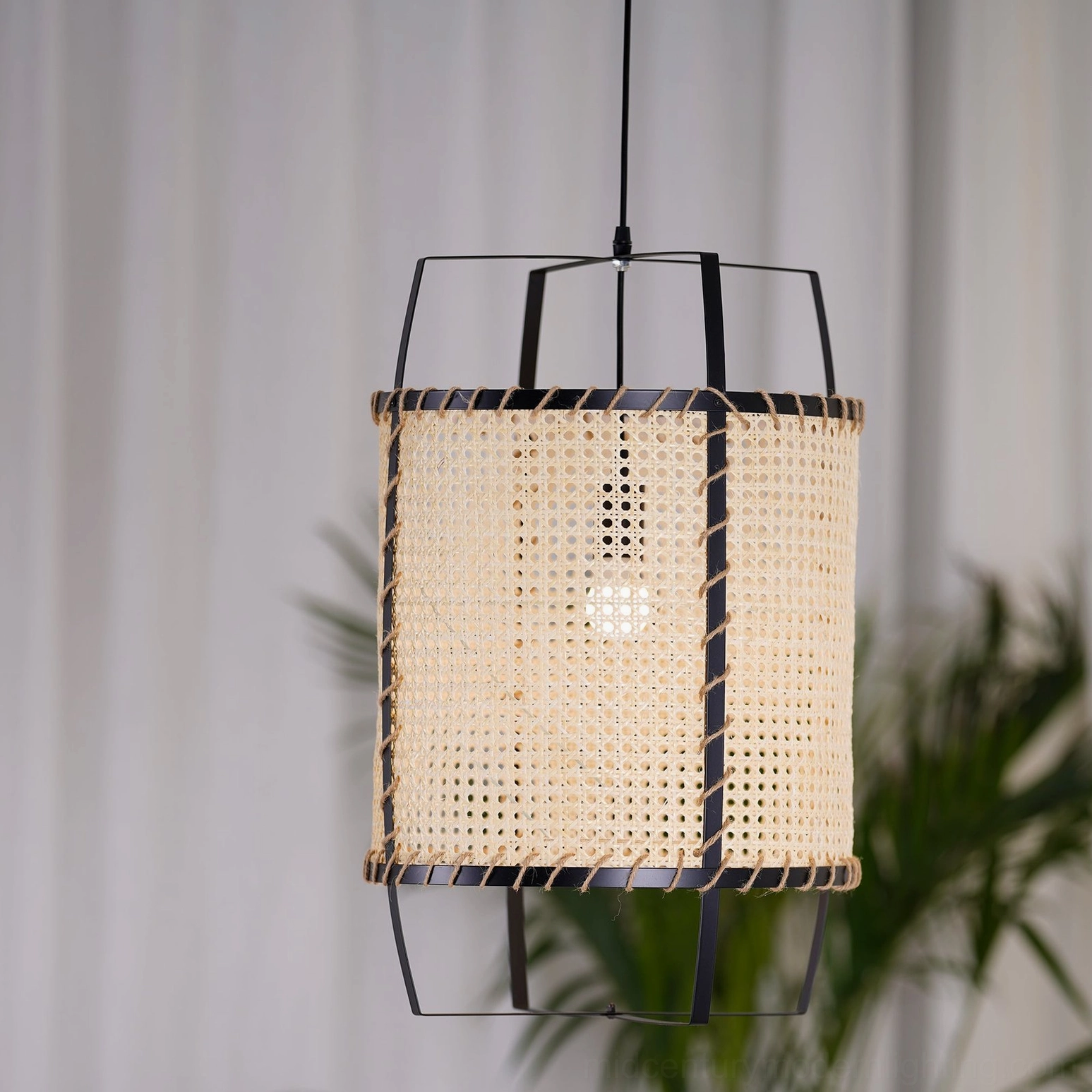 Natural rattan cane pendant lamp suspended indoors, displaying hand-stitched frame edges against palm leaf backdrop in minimalist aesthetic