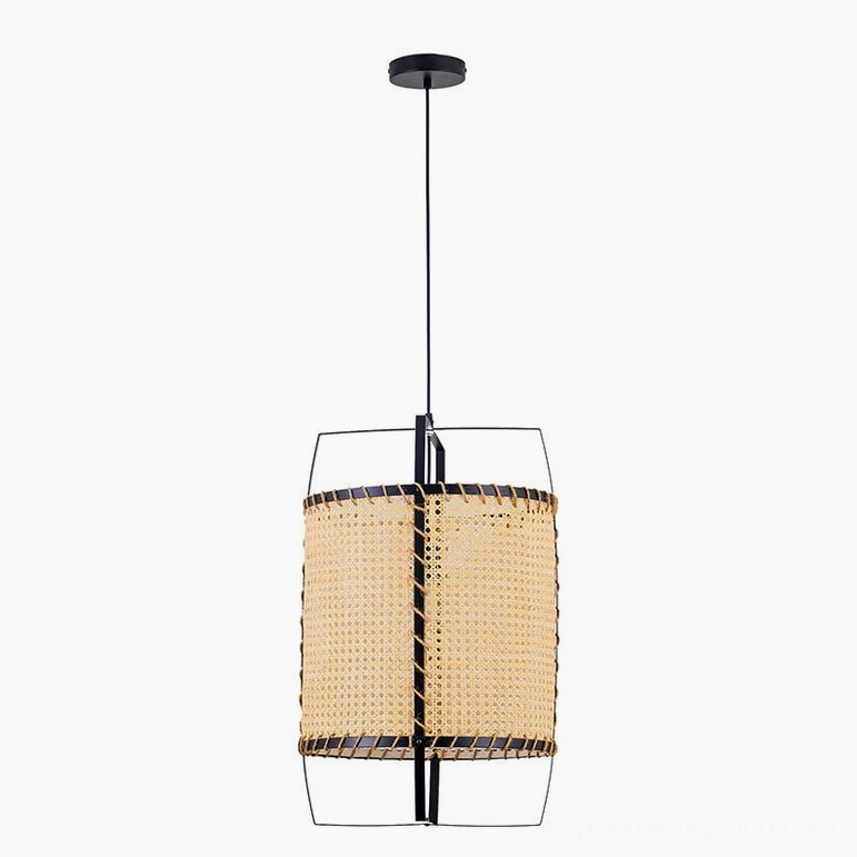 Rattan cane pendant light natural bamboo and black metal frame variant, complete product presentation for mid-century modern home decor