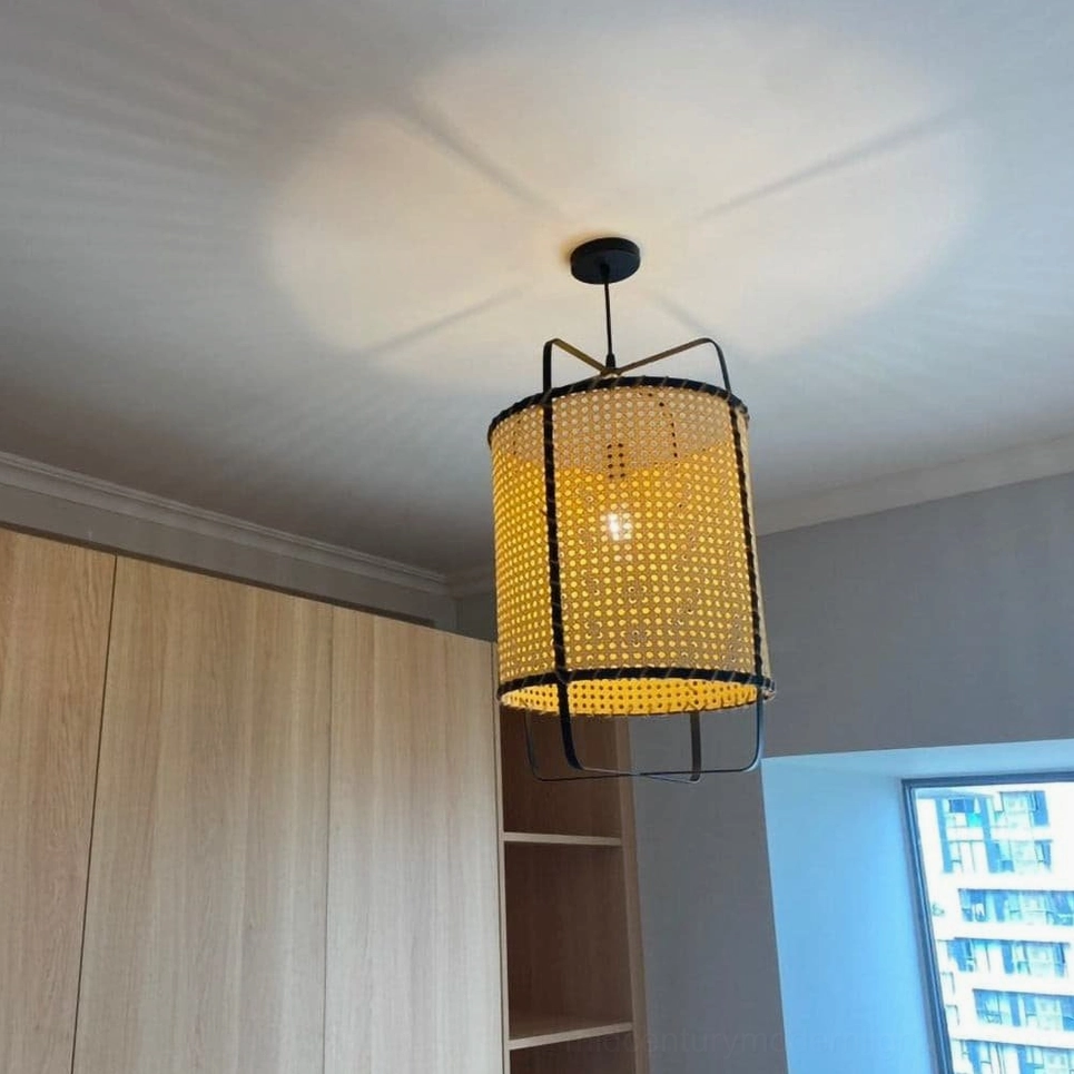 Rattan cane suspension lamp with metal frame options, close-up detail view highlighting hand-stitched construction and premium weaving quality