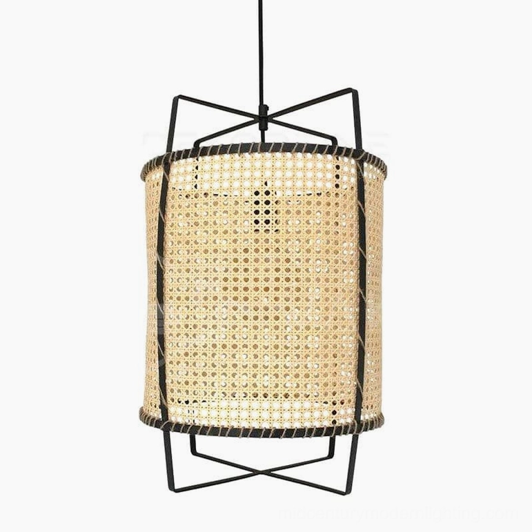 Rattan cane suspension light mounted in minimalist bohemian interior, low-angle view capturing warm ambient illumination through woven natural material