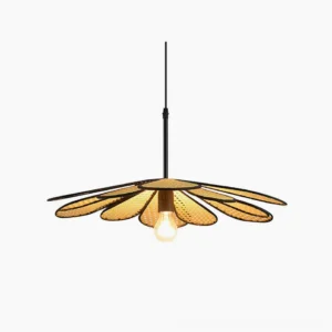 Handwoven rattan flower pendant light with black metal frame, studio view showing sculptural petal design and warm Edison bulb