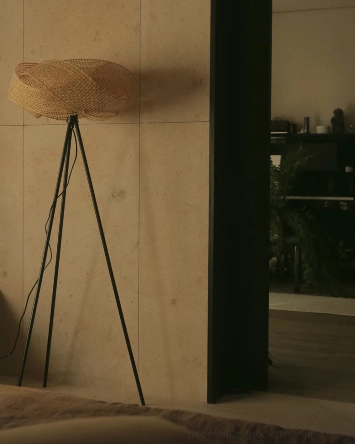 Zofia rattan floor lamp in Japandi interior aesthetic with natural fibers and earthy tones, minimalist living space