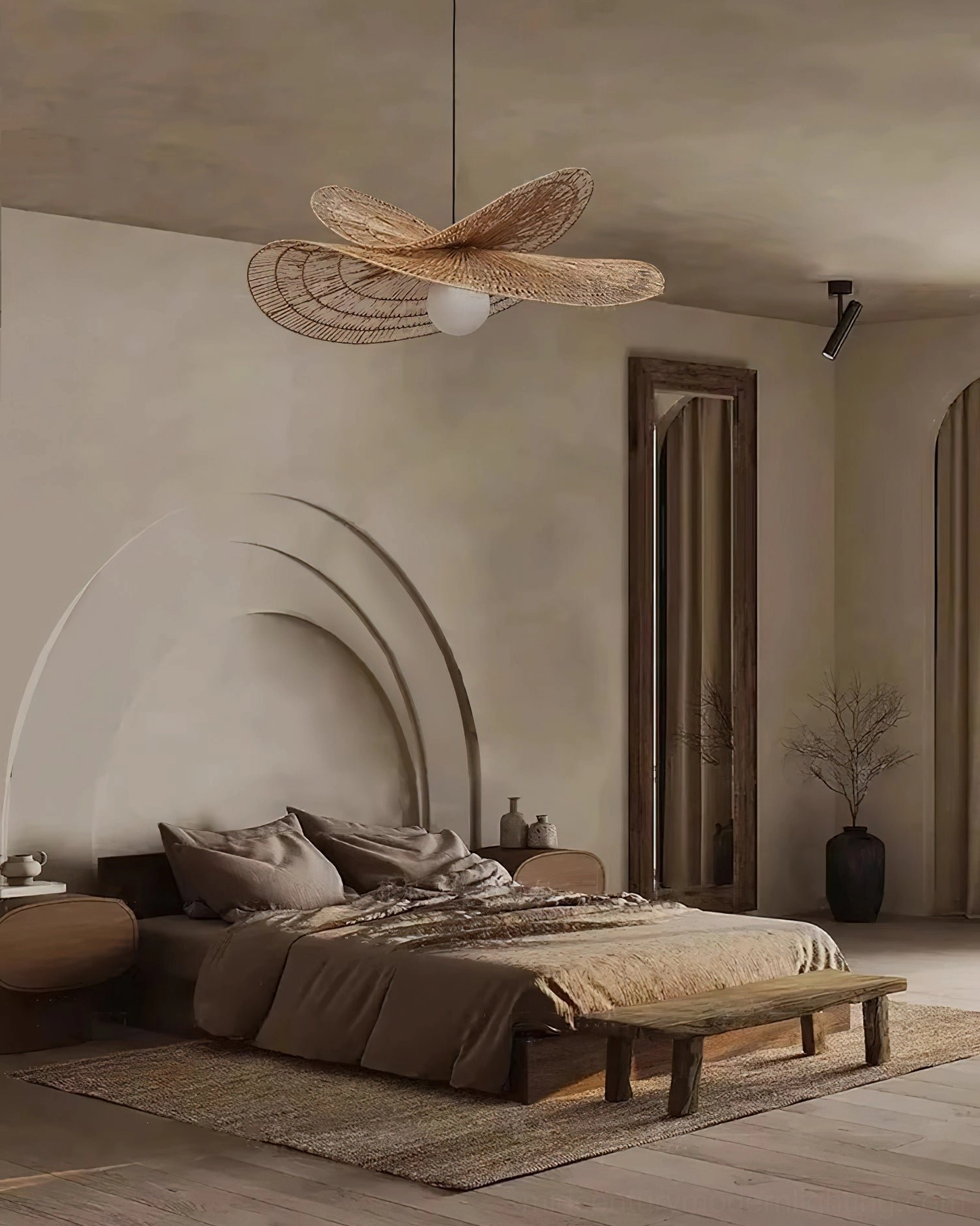Rattan petal pendant lamp with arched architectural feature in modern wabi-sabi bedroom design