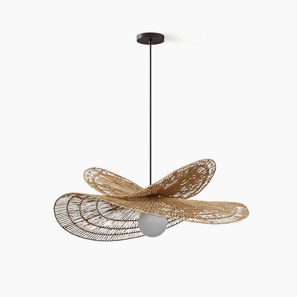Handwoven natural rattan petal pendant lamp with black metal frame - front studio view showcasing bohemian modern lighting design