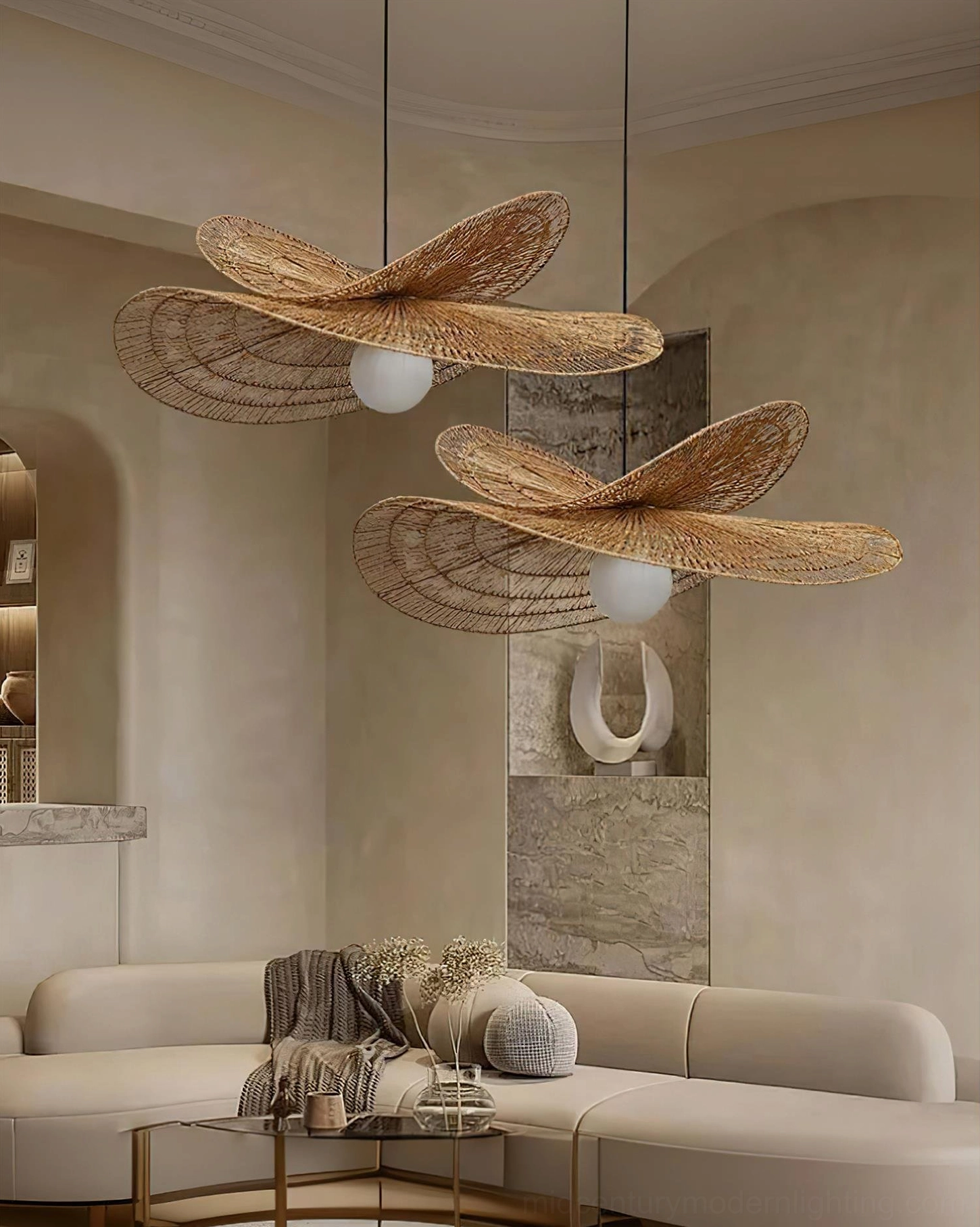 Double rattan petal pendant lamps installed in boho style living room creating dual focal points