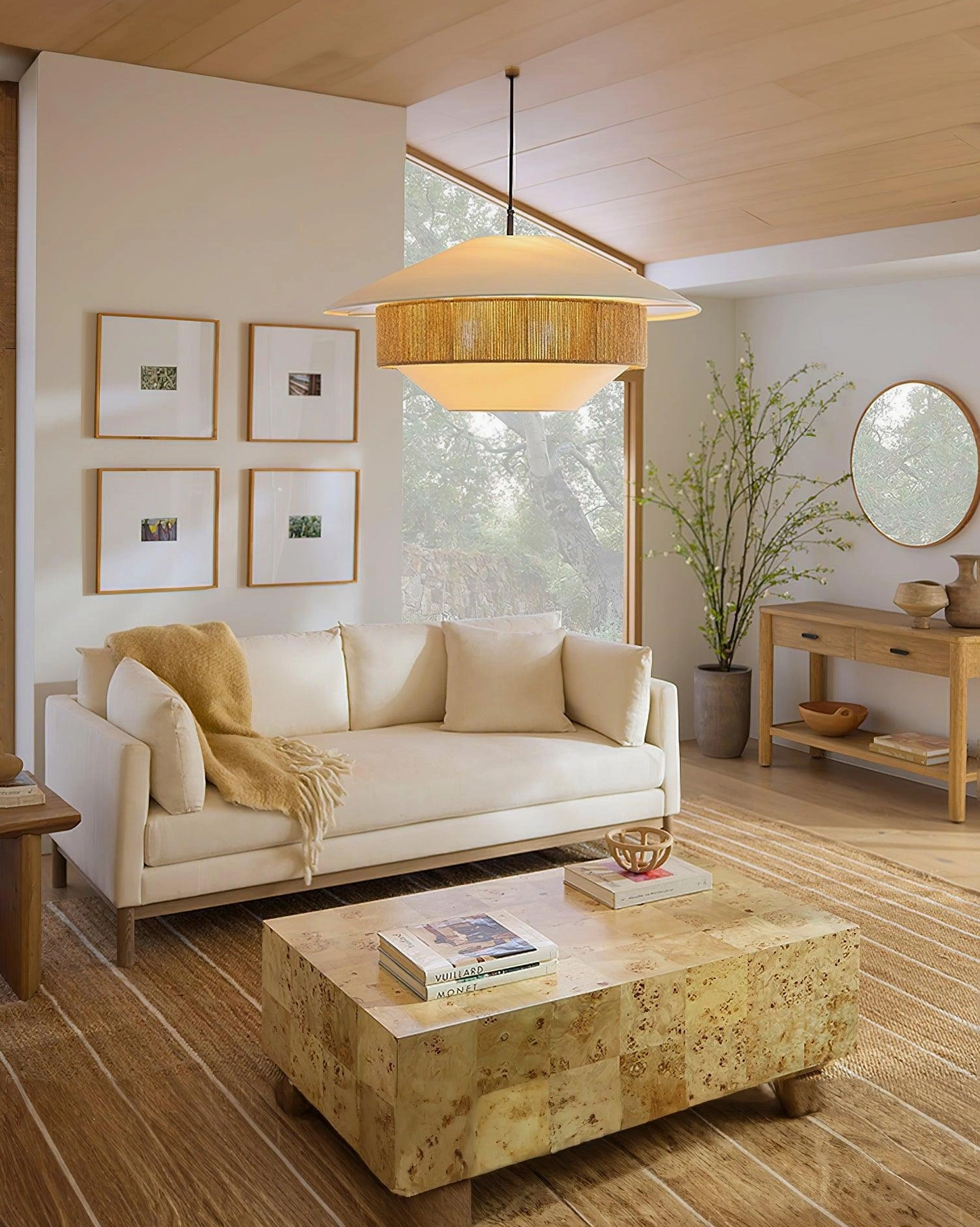 Natural rattan woven pendant light showing geometric design and layered construction