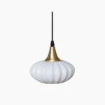 Rayburn mid-century pendant light with pumpkin-shaped ribbed milk glass shade and brass hardware, studio front view