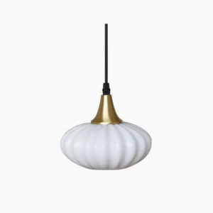 Rayburn mid-century pendant light with pumpkin-shaped ribbed milk glass shade and brass hardware, studio front view