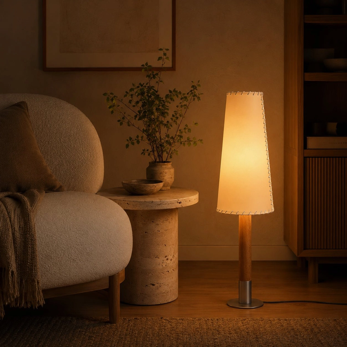 Parchment floor lamp in cozy reading nook with boucle armchair and potted plant