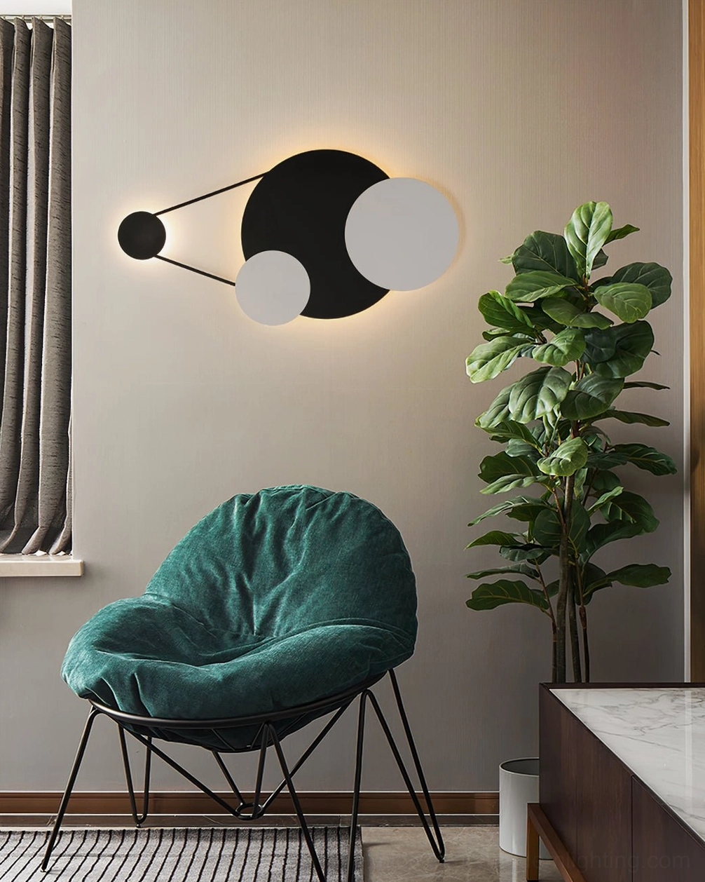 Minimalist reading corner with Vertical Trio wall lamp, velvet chair, and potted plant creating cozy ambient space
