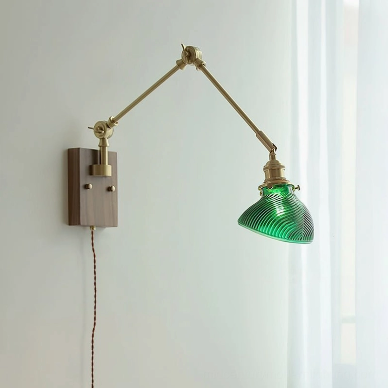 Rebell swing arm plug-in wall lamp with dark wood base and clear ribbed glass shade, front view with sheer curtains