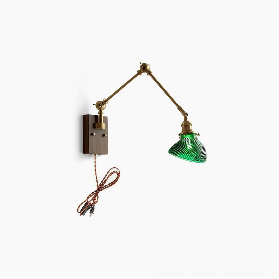 Rebell plug-in swing arm wall lamp with dark wood finish and twisted fabric power cord, front studio view