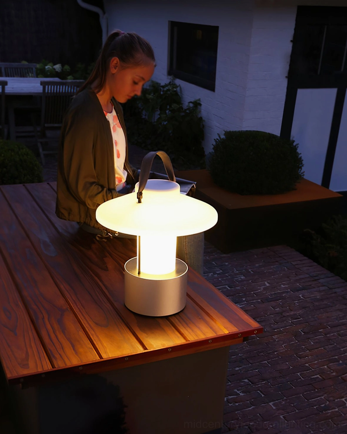 Portable rechargeable outdoor lantern styling with aluminum base finish options