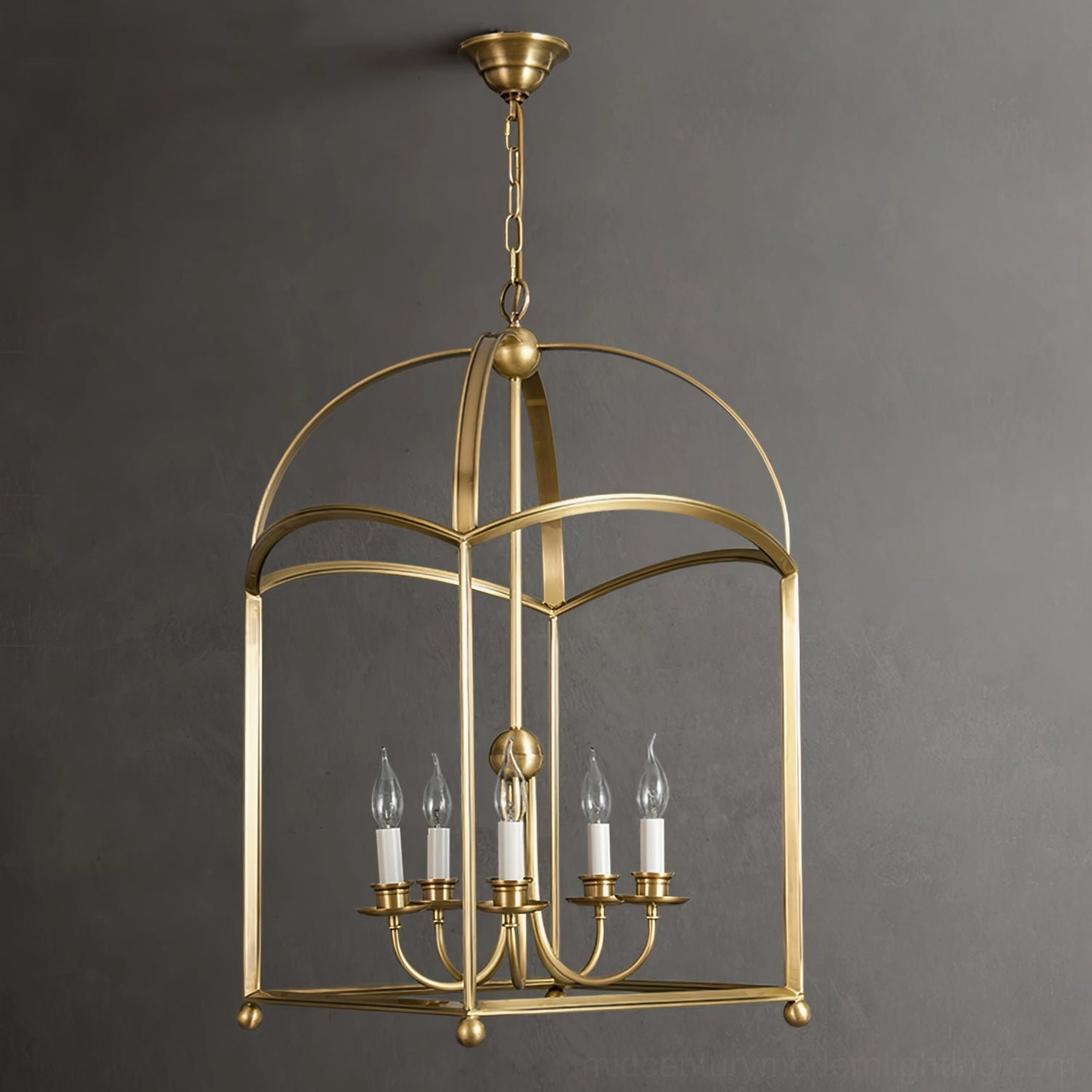 Brass cage chandelier four-light rectangular lantern frame studio angle