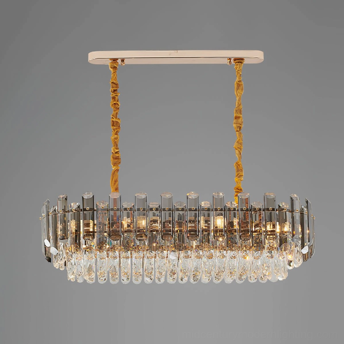 Rectangular modern crystal chandelier with light wood ceiling mount and gold metal accents - product shot