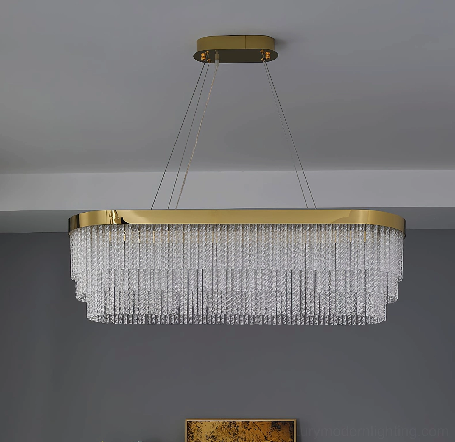 Rectangular crystal chandelier linear row of glass tassels with gold trim frame detail