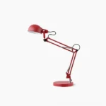 Red adjustable swing arm table lamp with matte metal finish and weighted circular base, front view on white background