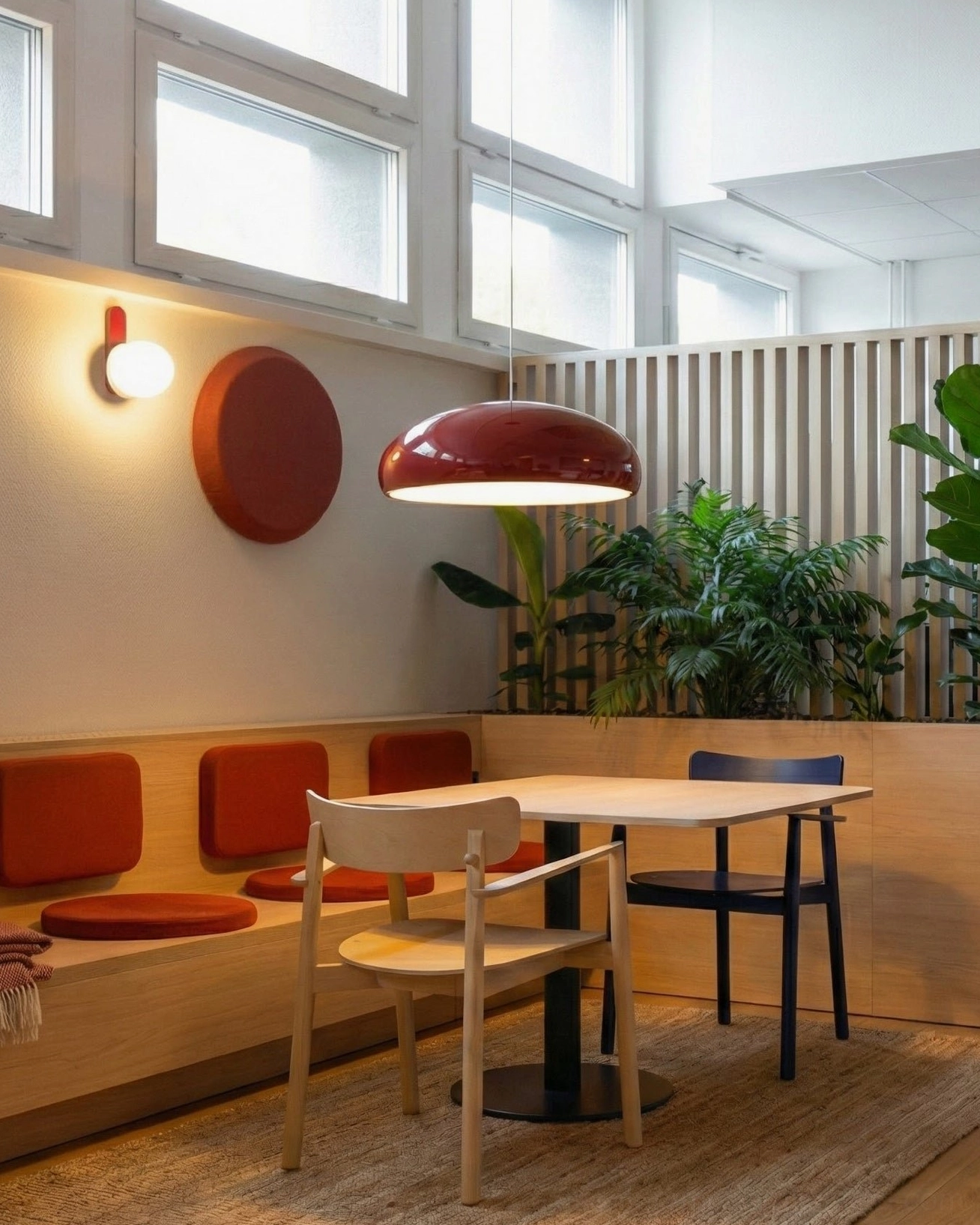 Red burgundy dome pendant light indoor cafe dining area mid-century modern ambiance