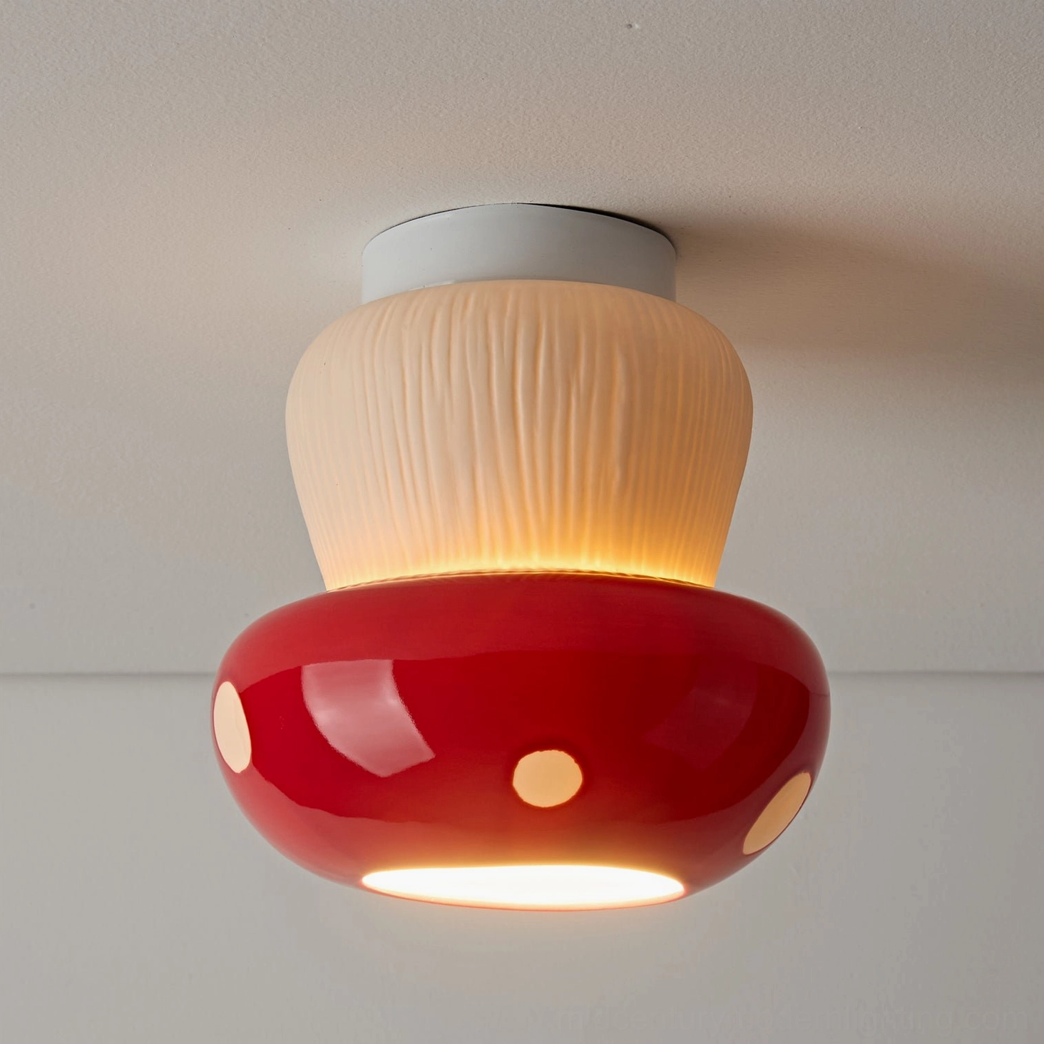 Red and black mushroom ceiling lights side-by-side color comparison display