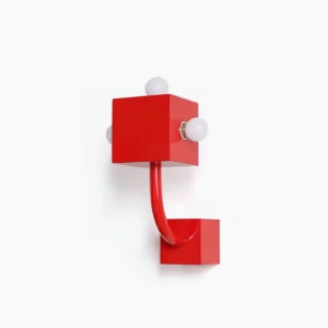 Red cube wall lamp frontal view minimalist modern design on white background
