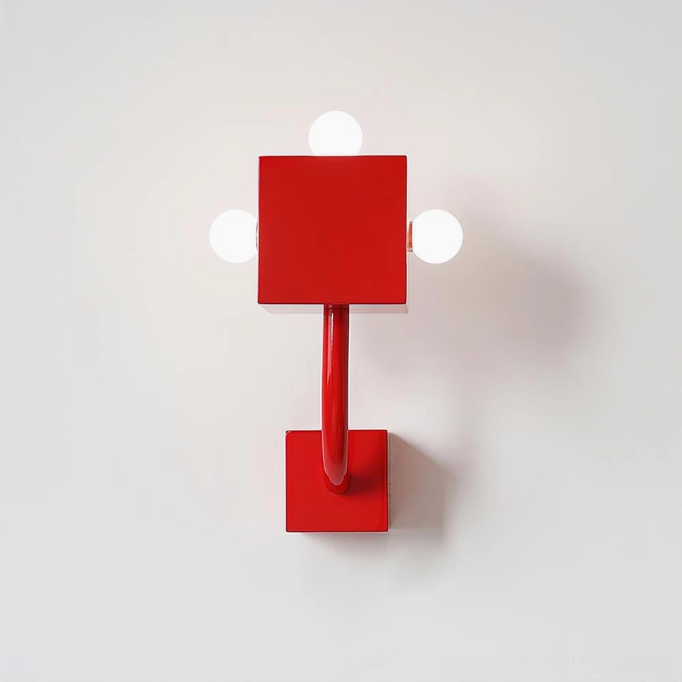 Red cube wall lamp illuminated three spherical LED bulbs modern design