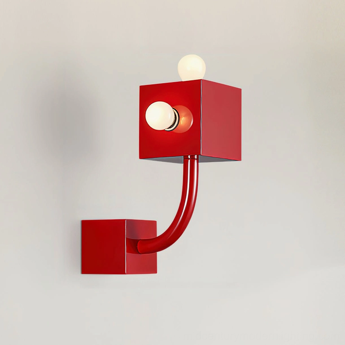 Red cube wall lamp side profile glossy metal finish gray background