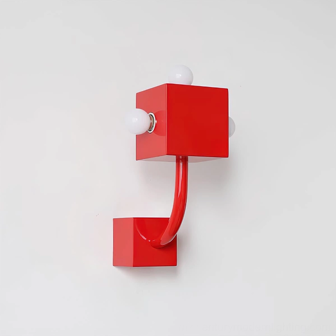 Red cube wall lamp side view geometric design unlit on white background