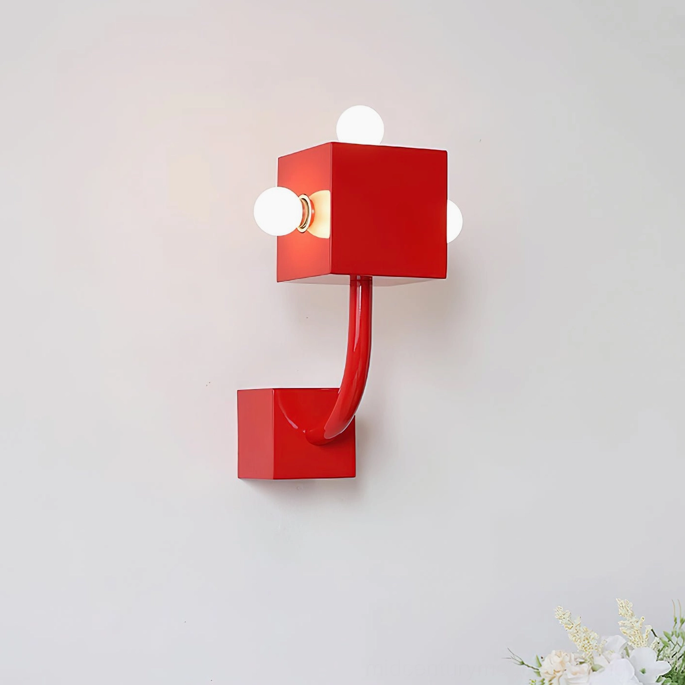 Red cube wall lamp lit with flower decoration indoor wall setting