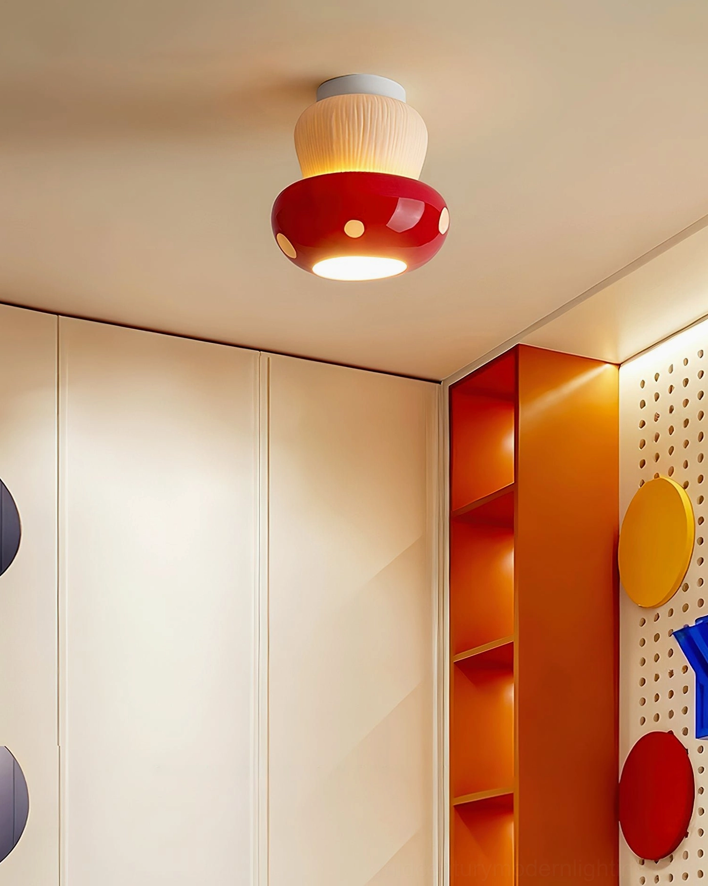Red mushroom ceiling light in contemporary entryway creating cozy warm indoor lighting atmosphere