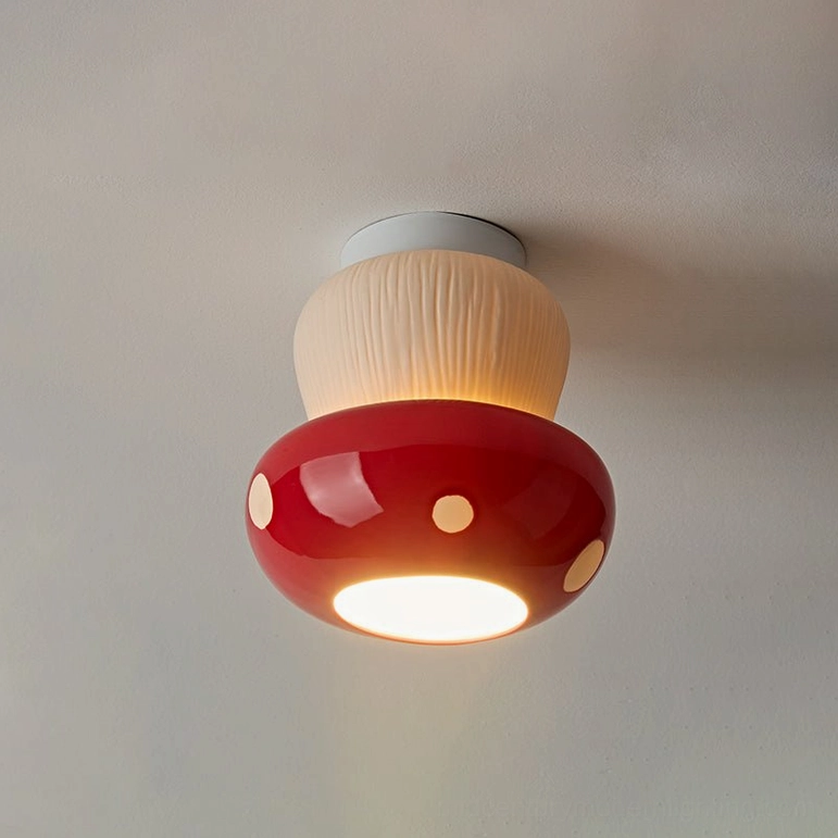 Red mushroom ceiling light 6.1 inch large size showing full scale and ceramic craftsmanship