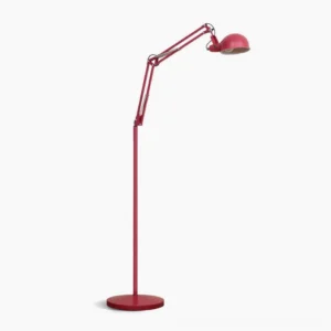 Red adjustable swing arm floor lamp with geometric dome shade, frontal studio view on white background